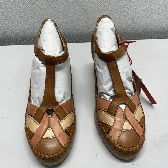 NEW PIKOLINOS Vila Wedge Sandals Brandy Leather Size 5.5-6 - Picture 1 of 7